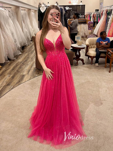 Viniodress Spaghetti Strap Hot Pink Sequin Prom Dresses with Slit Lace-Up Back FD1438 Custom Colors / US12