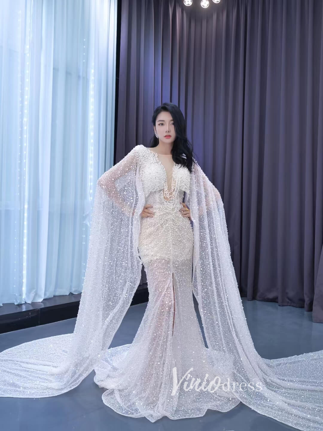 Sheer Modern Pearl Wedding Dresses with Extra Long Cape Sleeves 222107 Viniodress Sheer Modern Pearl Wedding Dresses with Extra Long Cape Sleeves 222107 Viniodress