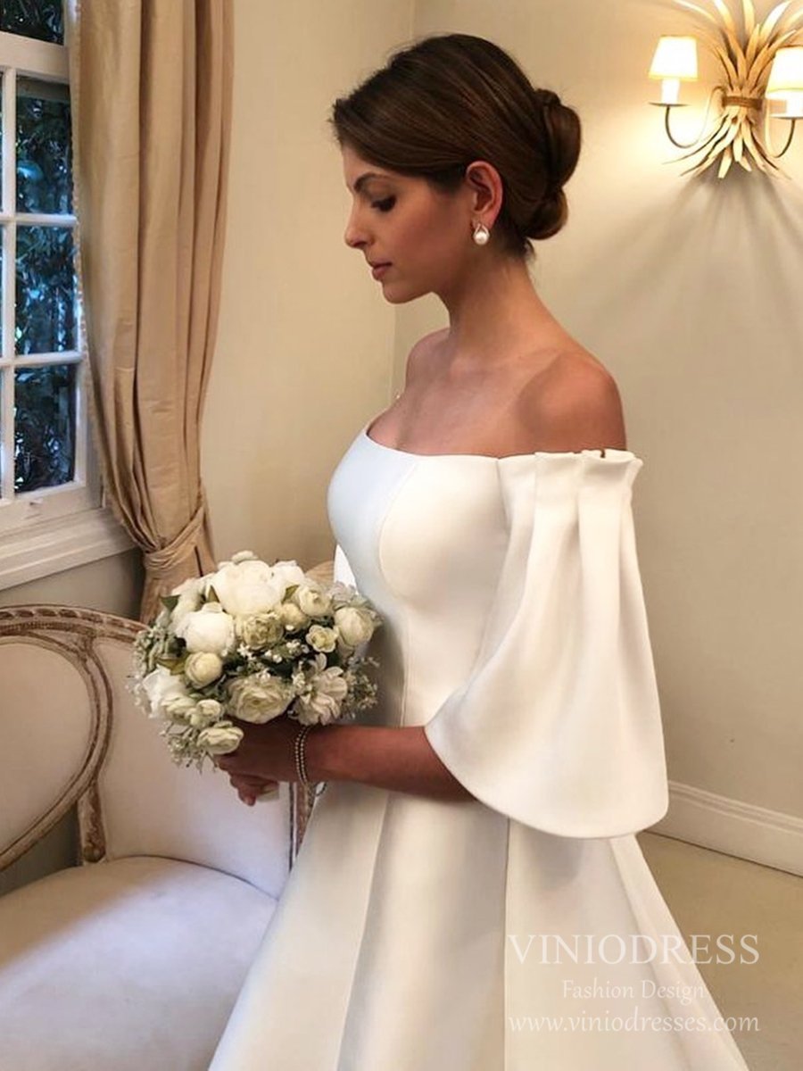 Short Bell Sleeve Satin Wedding Dresses with Pockets VW1840-wedding dresses 2025 -Viniodress-Ivory-Custom Size-