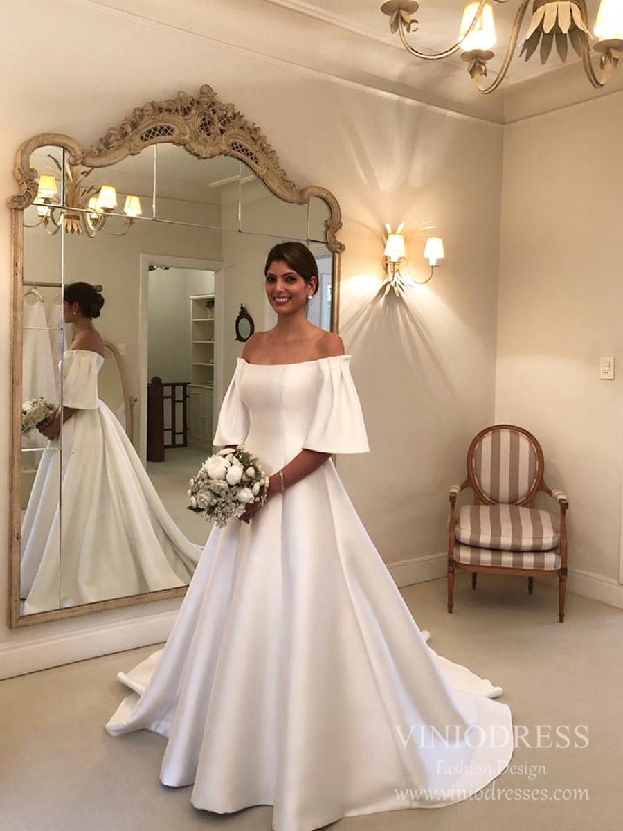 Short Bell Sleeve Satin Wedding Dresses with Pockets VW1840 Viniodress Short Bell Sleeve Satin Wedding Dresses with Pockets VW1840 Viniodress