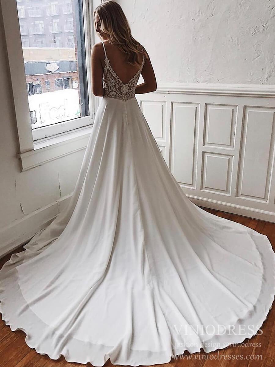 Simple Chiffon Wedding Dresses with Lace Back Satin Bridal Gown VW1547-wedding dresses 2025 -Viniodress-Ivory-Custom Size-