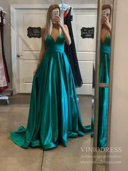 Simple Emerald Green V Neck Satin Long Prom Dresses with Pockets FD1355