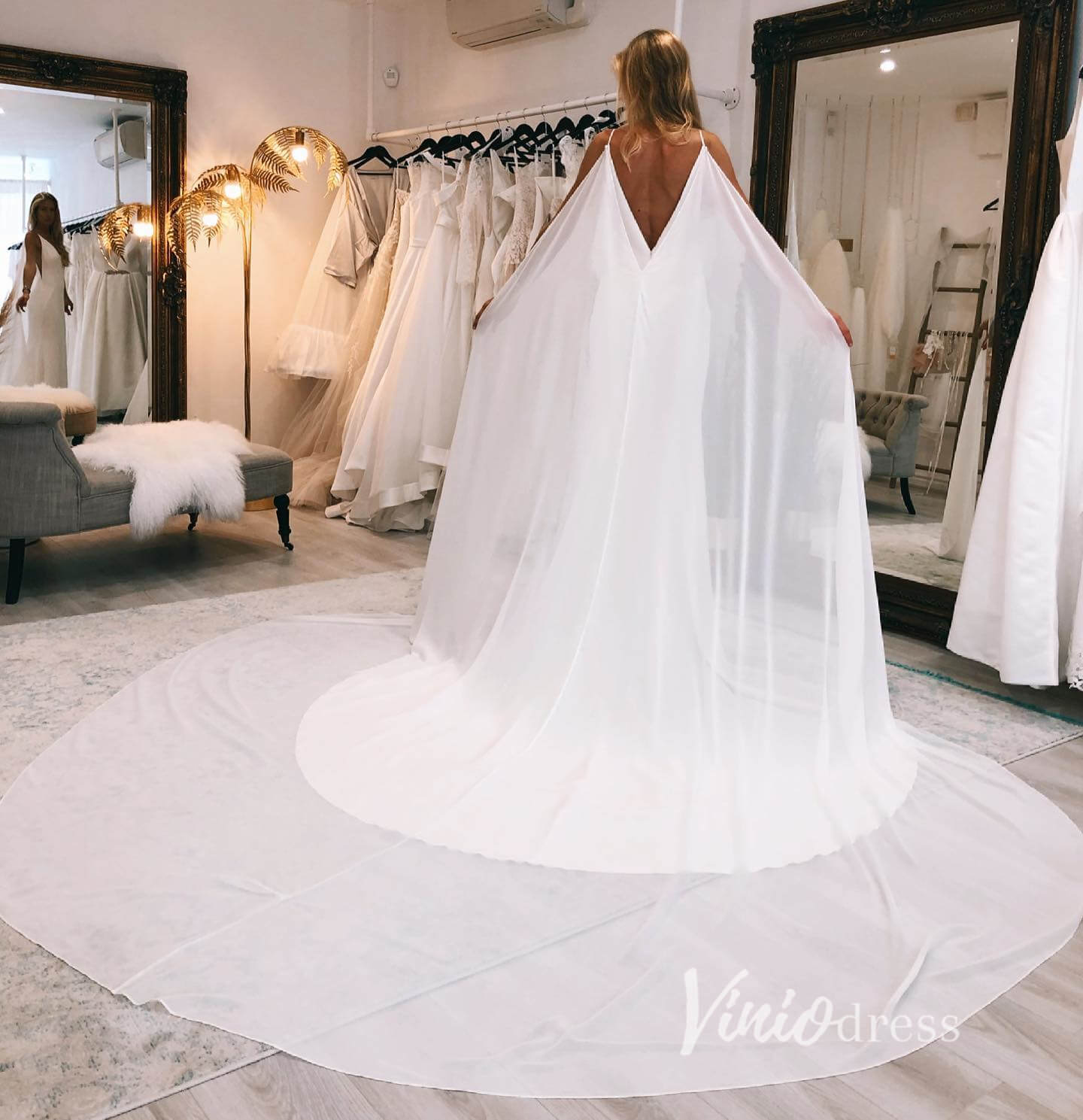 Simple Satin Modern Wedding Dresses with Cape VW2143-wedding dresses 2025 -Viniodress-Ivory-Custom Size-