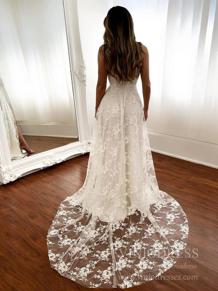 Spaghetti Strap Bohemian Lace Beach Wedding Dresses With Slit Vw1467 Viniodress 1596