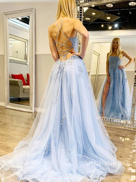 Light Blue Sequin Prom Dresses with Pockets Spaghetti Strap Formal Gow –  Viniodress