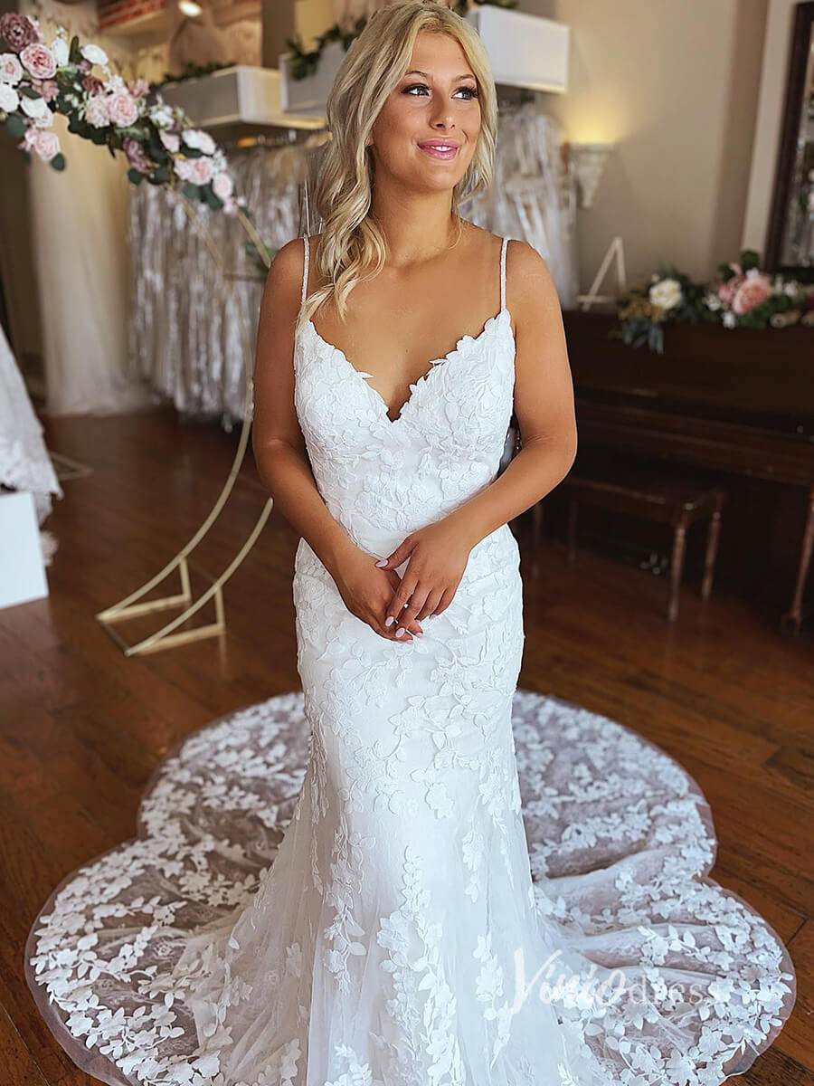 Spaghetti Strap Mermaid Lace Wedding Dresses Modern Beach Wedding Dress VW2119-wedding dresses 2025 -Viniodress-Ivory-Custom Size-