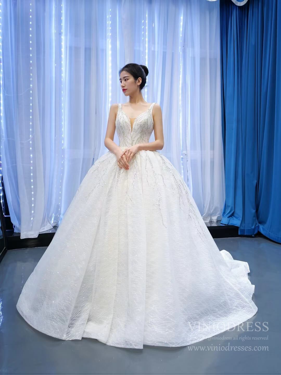 Sparkly Lace Wedding Dresses V-neck Beaded Ball Gown VW1892  Viniodress