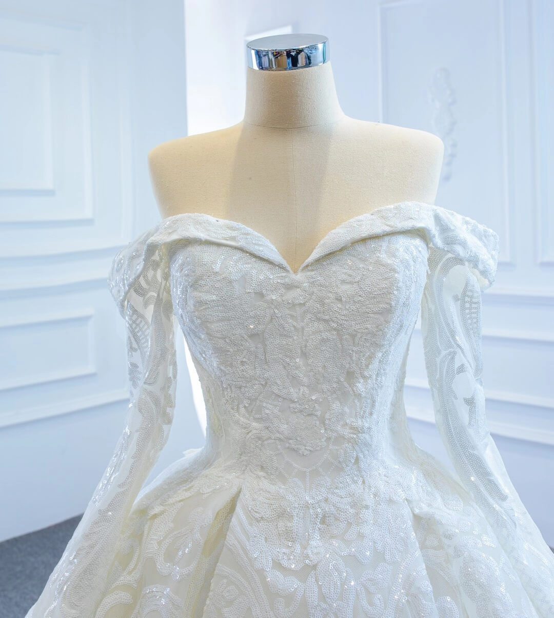 Sparkly Sequin Lace Wedding Dresses Off the Shoulder Long Sleeve Ball Gown VW1809-wedding dresses 2025 -Viniodress-As Picture-Custom Size-