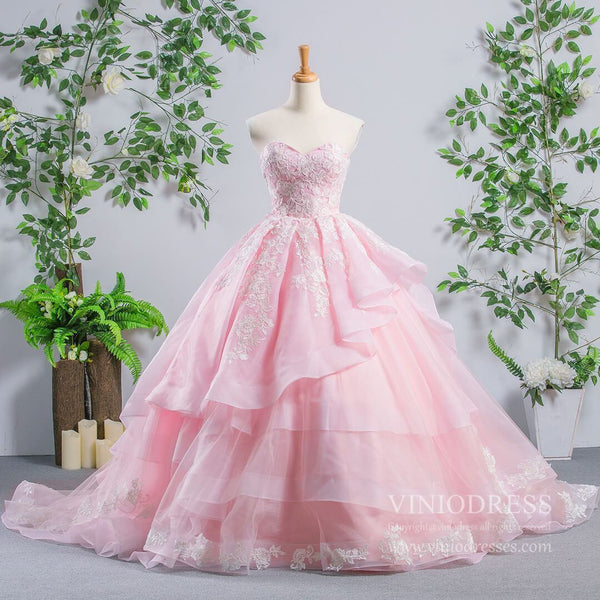 KissProm Reyna |Ball Gown Sweetheart Pink Tiered Printed Tulle Prom Dress, Pink / Custom Size