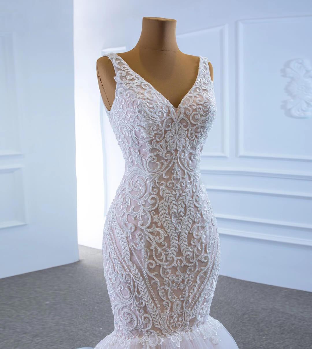 V-neck Blush Mermaid Wedding Dresses Beaded Lace Bridal Dress VW1779-wedding dresses 2025 -Viniodress-As Picture-Custom Size-