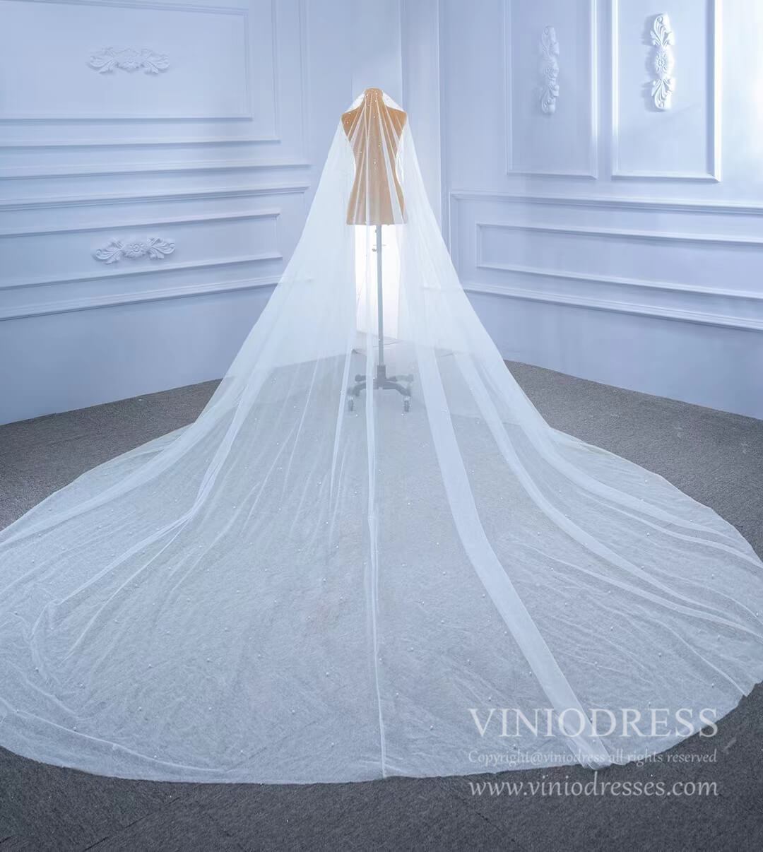 1 Tier Cathedral Veil with Pearls Viniodress VW2042V-Bridal Veil 2025 -Viniodress-Ivory-