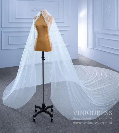 1 Tier Cathedral Veil with Pearls Viniodress VW2042V-Bridal Veil 2025 -Viniodress-Ivory-