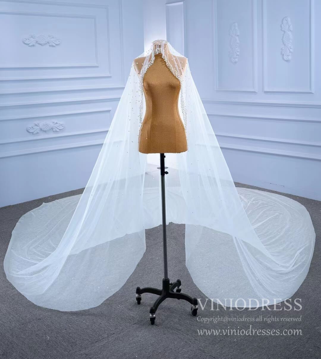 1 Tier Cathedral Veil with Pearls Viniodress VW2042V-Bridal Veil 2025 -Viniodress-Ivory-