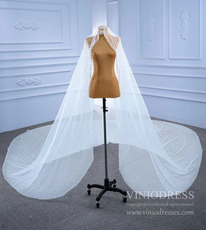 1 Tier Cathedral Veil with Pearls Viniodress VW2042V-Bridal Veil 2025 -Viniodress-Ivory-