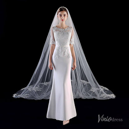 1 Tier Lace Appliqued Cathedral Veil Viniodress TS1912-Bridal Veil 2025 -Viniodress-Ivory-