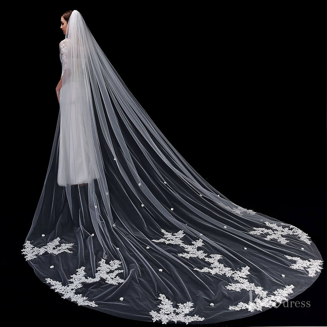 1 Tier Lace Appliqued Cathedral Veil Viniodress TS1912-Bridal Veil 2025 -Viniodress-Ivory-