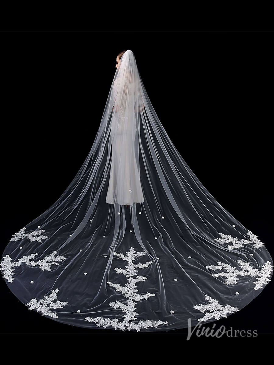 1 Tier Lace Appliqued Cathedral Veil Viniodress TS1912-Bridal Veil 2025 -Viniodress-Ivory-