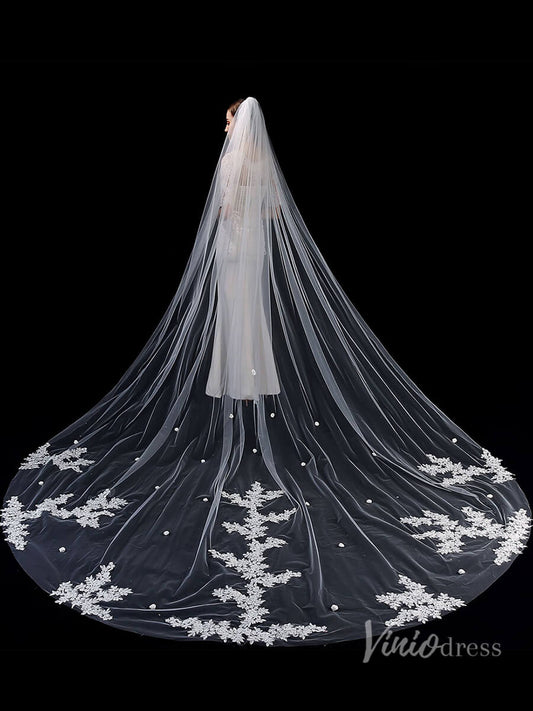 1 Tier Lace Appliqued Cathedral Veil Viniodress TS1912-Bridal Veil 2025 -Viniodress-Ivory-