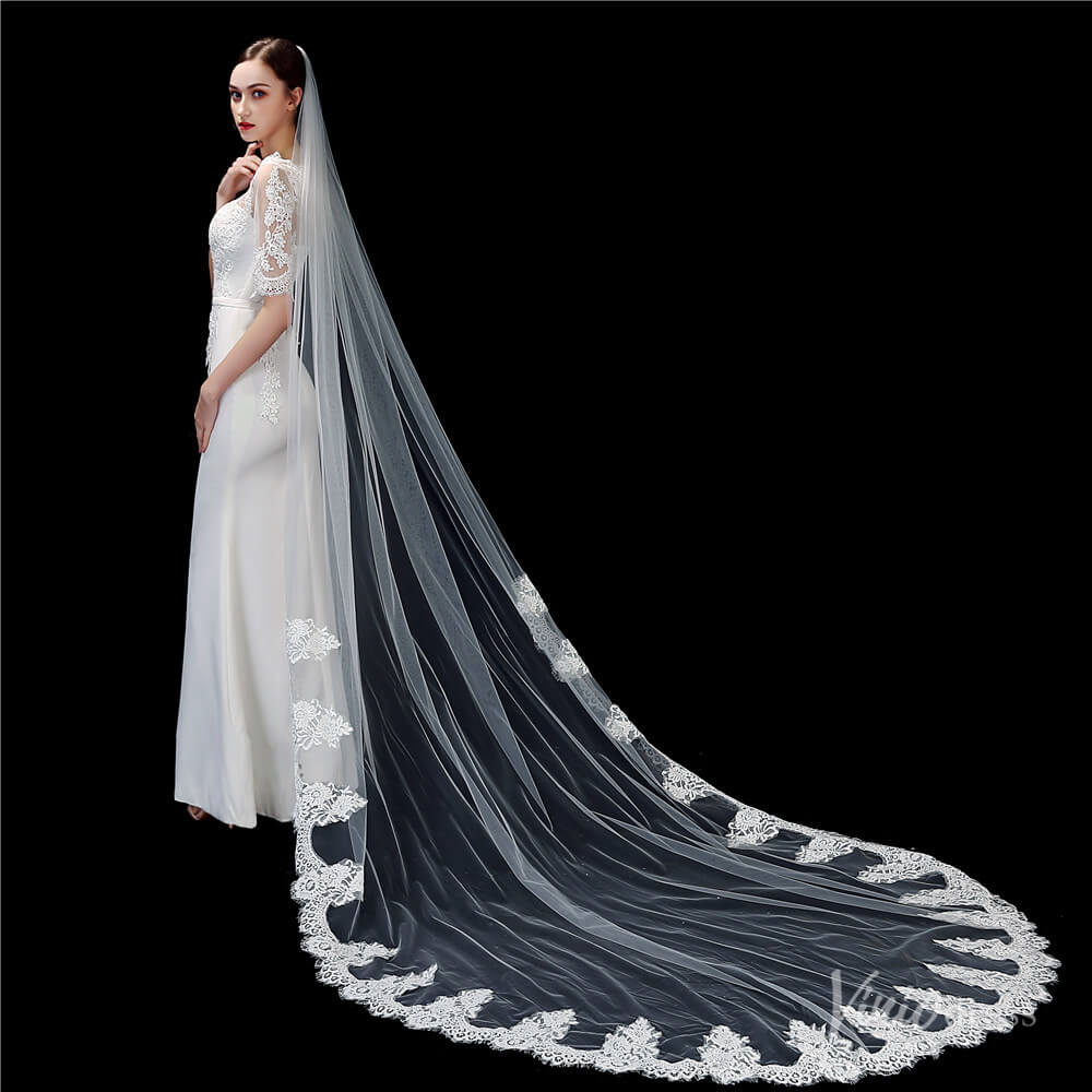 1 Tier Lace Cathedral Veil Viniodress TS1917-Bridal Veil 2025 -Viniodress-Ivory-