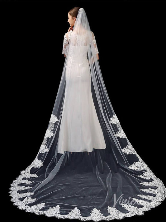1 Tier Lace Cathedral Veil Viniodress TS1917-Bridal Veil 2025 -Viniodress-Ivory-