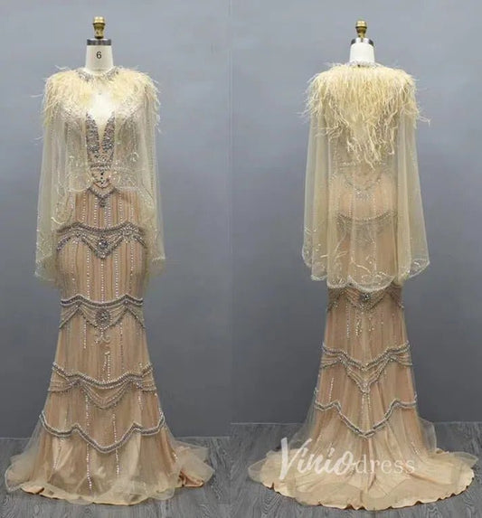 2 Piece Beaded Prom Dresses Vintage 20s Formal Party Dress FD2475-Evening Dresses 2025 -Viniodress-Gold-US 2-