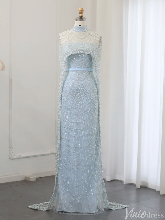 2 in 1 Beaded 20s Evening Gowns Gatsby Wedding Guest Dresses with Cape 20201-Evening Dresses 2025 -Viniodress-Light Blue-US 2-
