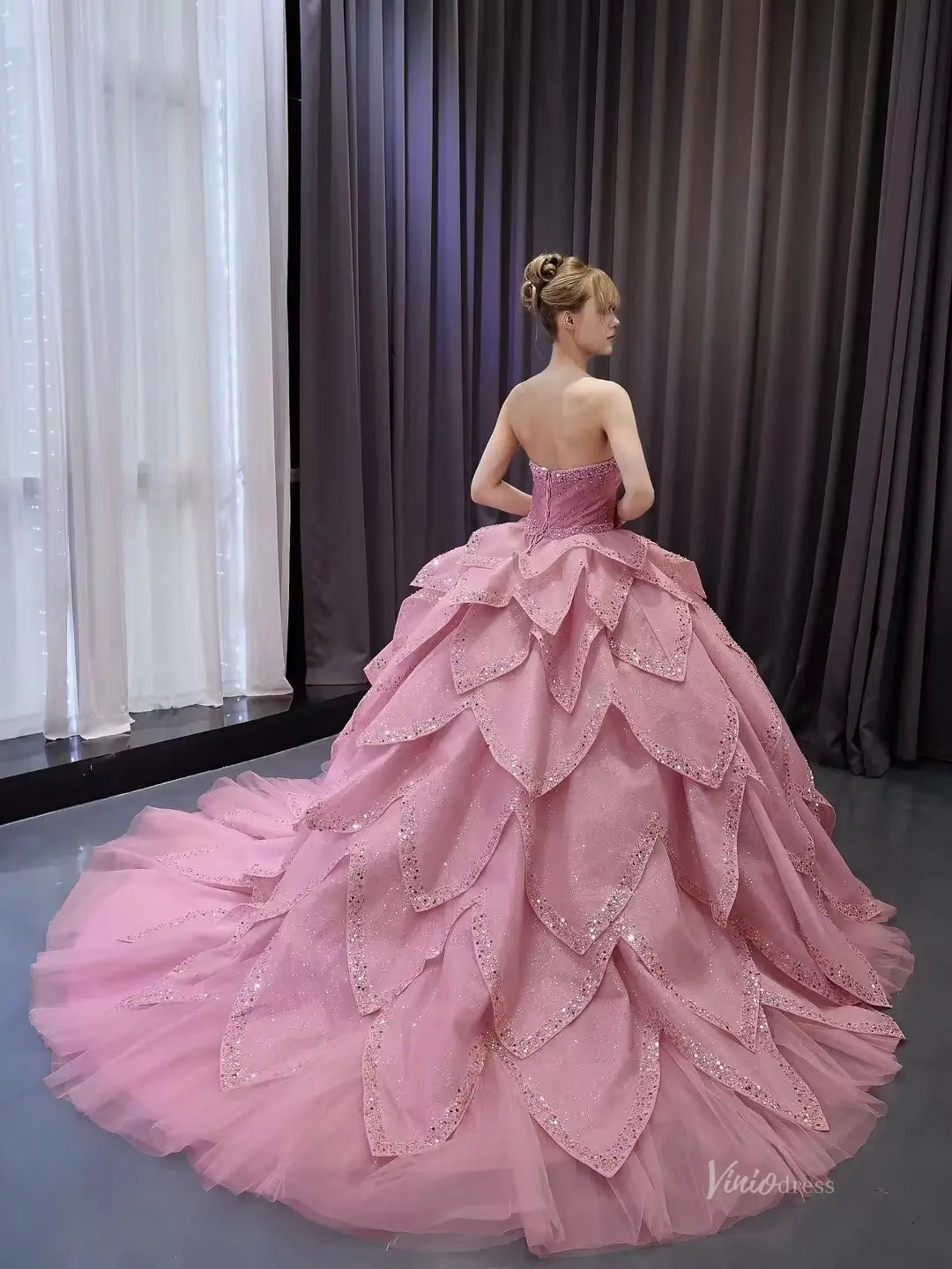 2 in 1 Convertible Quinceañera Dress with Removable Skirt – Sparkling Glitter & Petal-Layered Design – Style 241160-Quinceanera Dresses 2026-Viniodress-Pink-Custom Size-