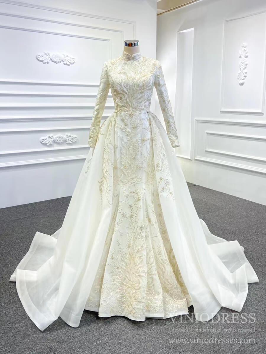 2 in 1 Mermaid Wedding Dresses with Long Sleeve High Neck Detachable Skirt 67156-wedding dresses 2025 -Viniodress-Ivory-Custom Size-