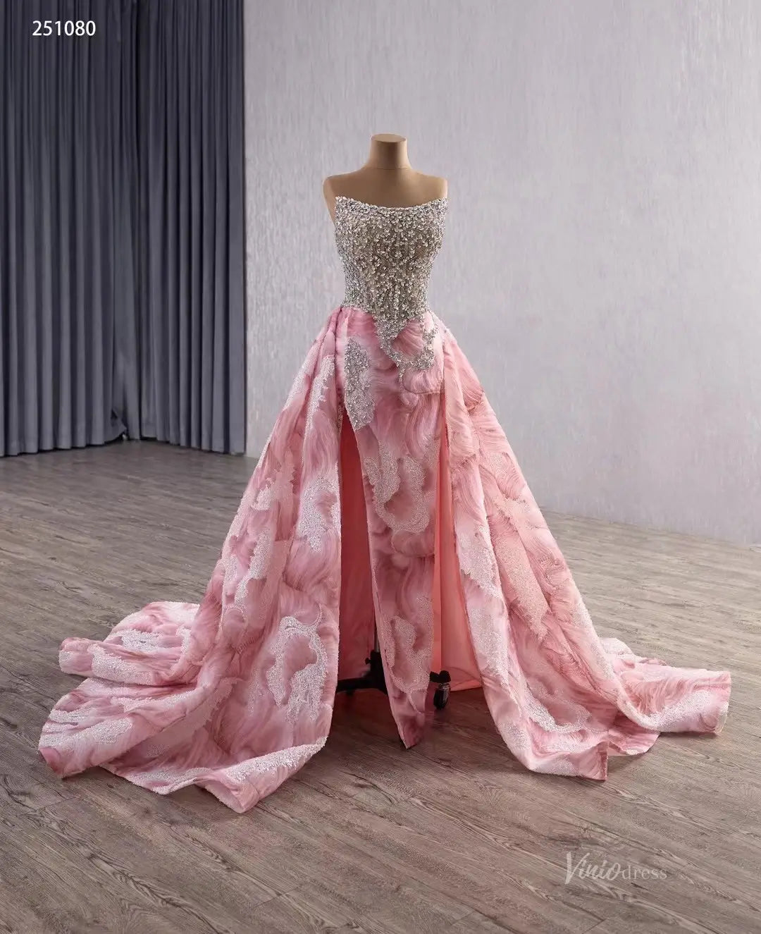 2-in-1 Strapless Pink Beaded Pageant Dress | Rhinestone Sheath Gown with Slit, Basque Waist & Detachable Overskirt 251080-Pageant Dress 2025 -Viniodress-Pink-Custom Size-