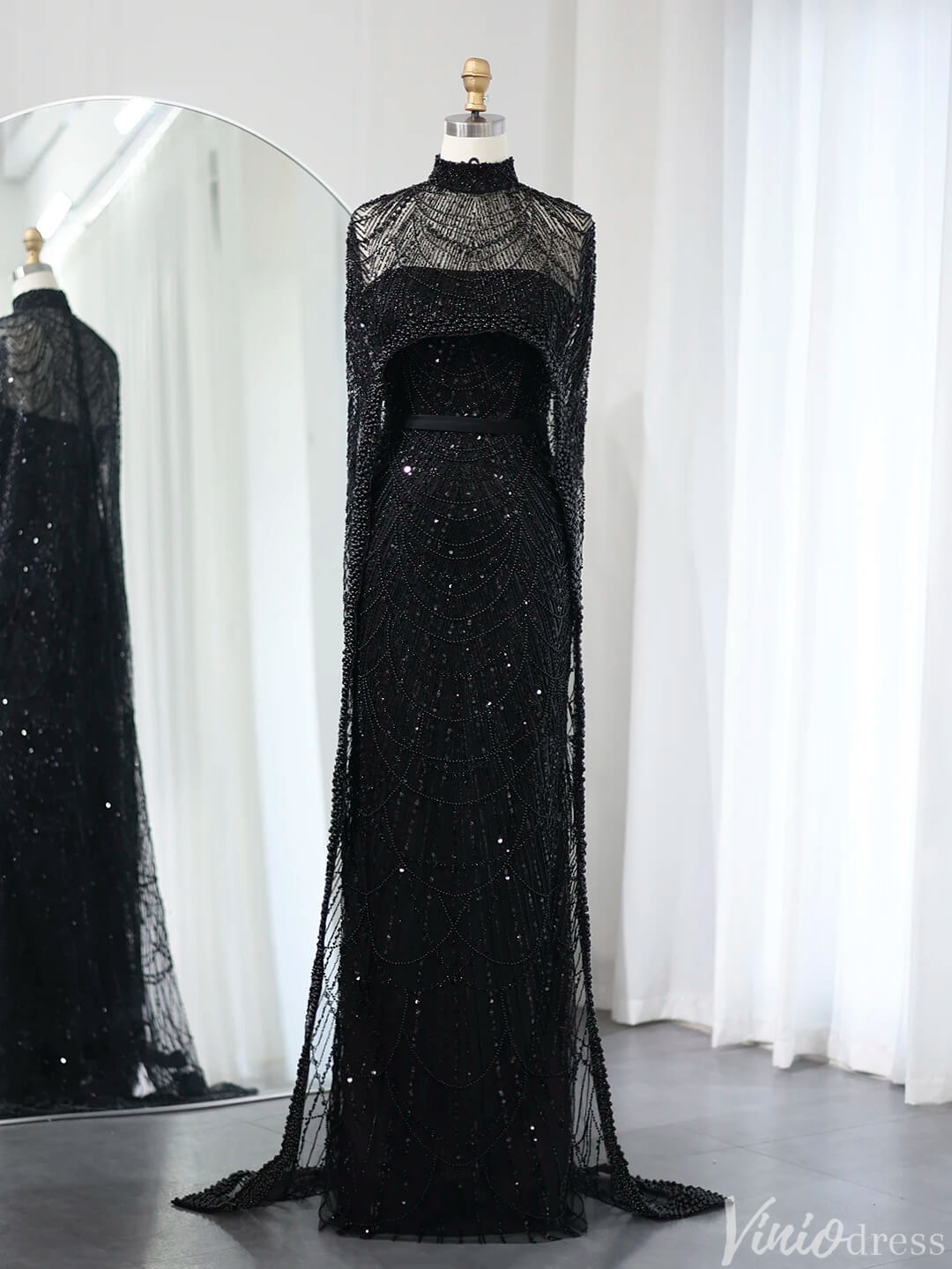 2 in 1 Beaded 20s Evening Gowns Gatsby Wedding Guest Dresses with Cape 20201-Evening Dresses 2025 -Viniodress-Black-US 2-