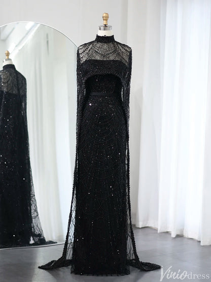 2 in 1 Beaded 20s Evening Gowns Gatsby Wedding Guest Dresses with Cape 20201-Evening Dresses 2025 -Viniodress-Black-US 2-