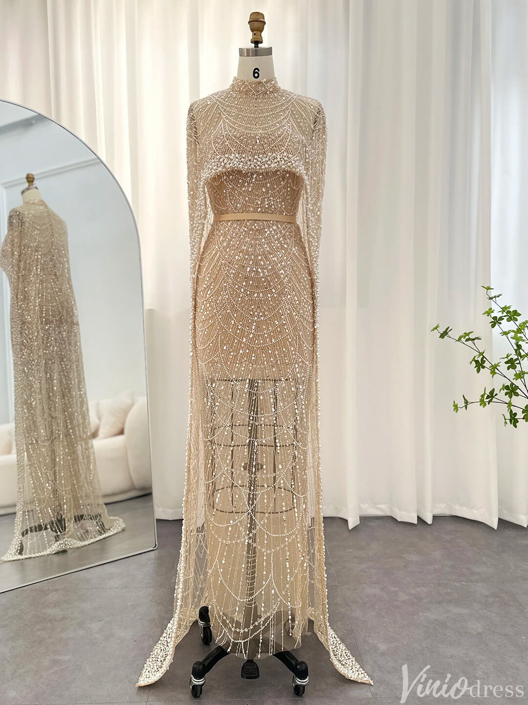 2 in 1 Beaded 20s Evening Gowns Gatsby Wedding Guest Dresses with Cape 20201-Evening Dresses 2025 -Viniodress-Champagne-US 2-