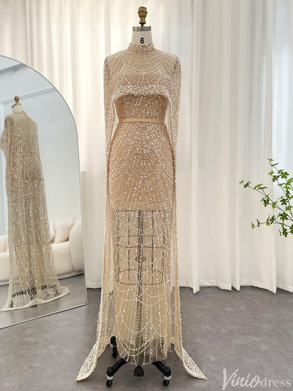 2 in 1 Beaded 20s Evening Gowns Gatsby Wedding Guest Dresses with Cape 20201-Evening Dresses 2025 -Viniodress-Champagne-US 2-