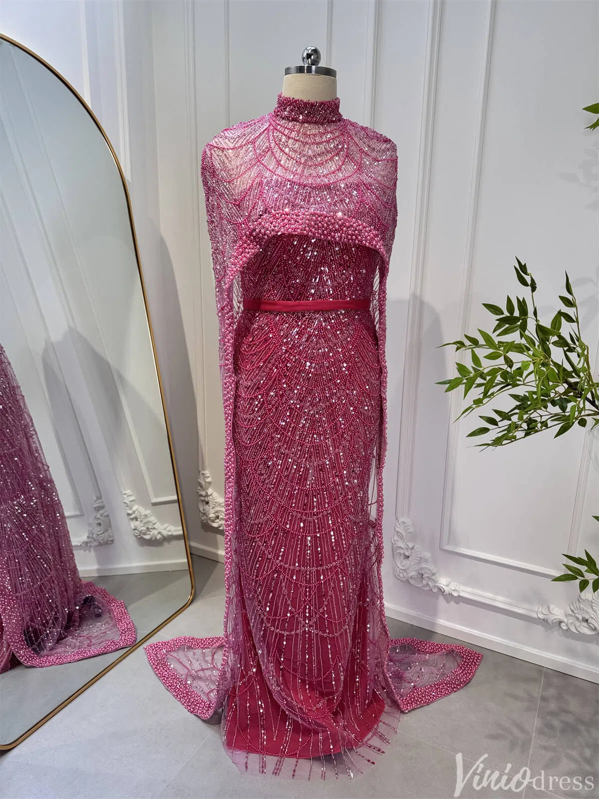 2 in 1 Beaded 20s Evening Gowns Gatsby Wedding Guest Dresses with Cape 20201-Evening Dresses 2025 -Viniodress-Crimson Pink-US 2-