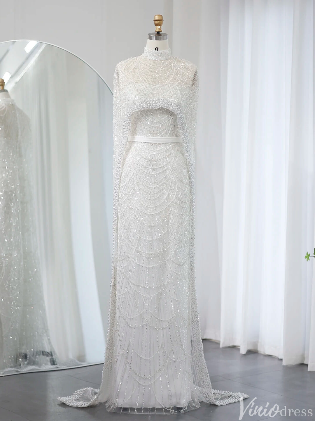 2 in 1 Beaded 20s Evening Gowns Gatsby Wedding Guest Dresses with Cape 20201-Evening Dresses 2025 -Viniodress-Ivory-US 2-