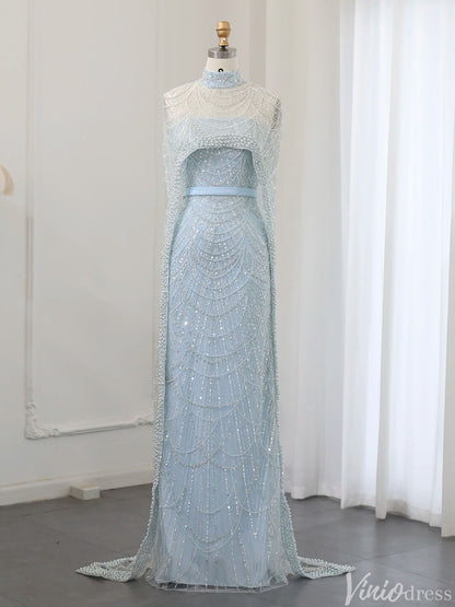 2 in 1 Beaded 20s Evening Gowns Gatsby Wedding Guest Dresses with Cape 20201-Evening Dresses 2025 -Viniodress-Light Blue-US 2-