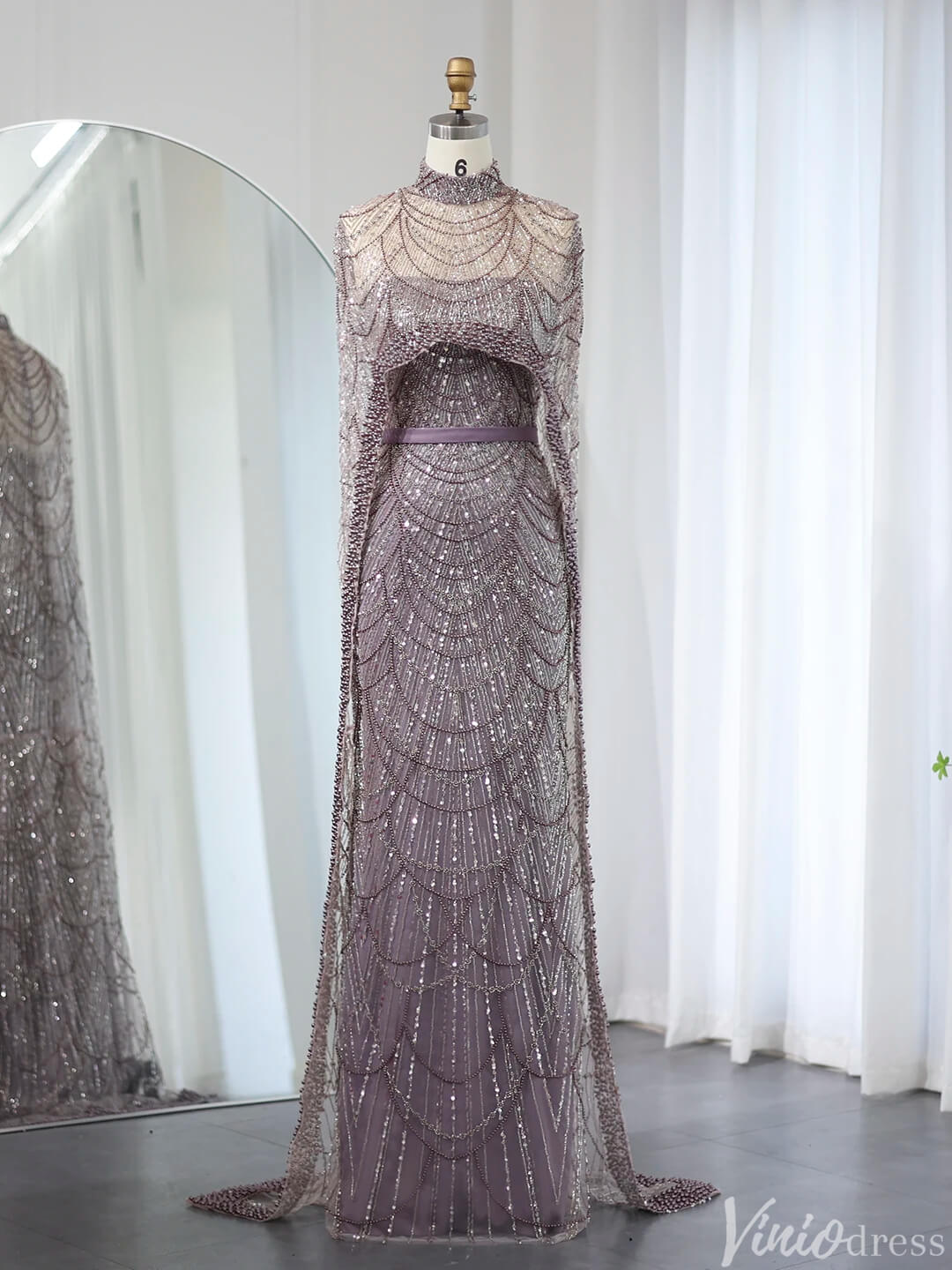 2 in 1 Beaded 20s Evening Gowns Gatsby Wedding Guest Dresses with Cape 20201-Evening Dresses 2025 -Viniodress-Mauve-US 2-