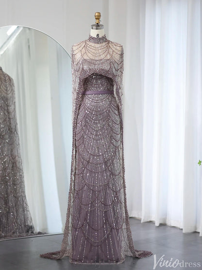 2 in 1 Beaded 20s Evening Gowns Gatsby Wedding Guest Dresses with Cape 20201-Evening Dresses 2025 -Viniodress-Mauve-US 2-