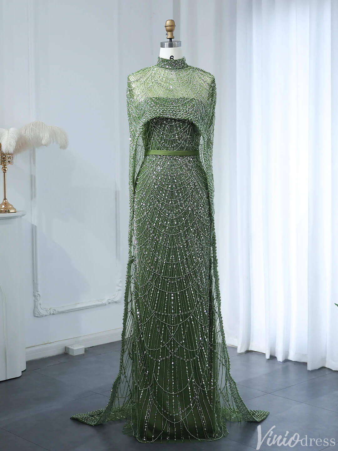 2 in 1 Beaded 20s Evening Gowns Gatsby Wedding Guest Dresses with Cape 20201-Evening Dresses 2025 -Viniodress-Olive-US 2-
