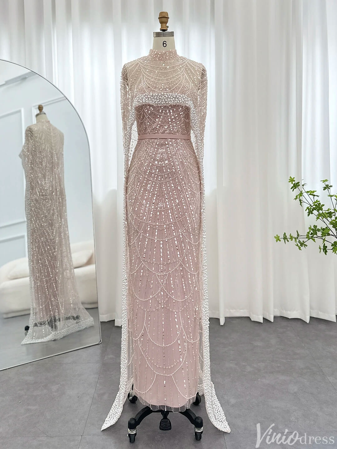 2 in 1 Beaded 20s Evening Gowns Gatsby Wedding Guest Dresses with Cape 20201-Evening Dresses 2025 -Viniodress-Pink-US 2-