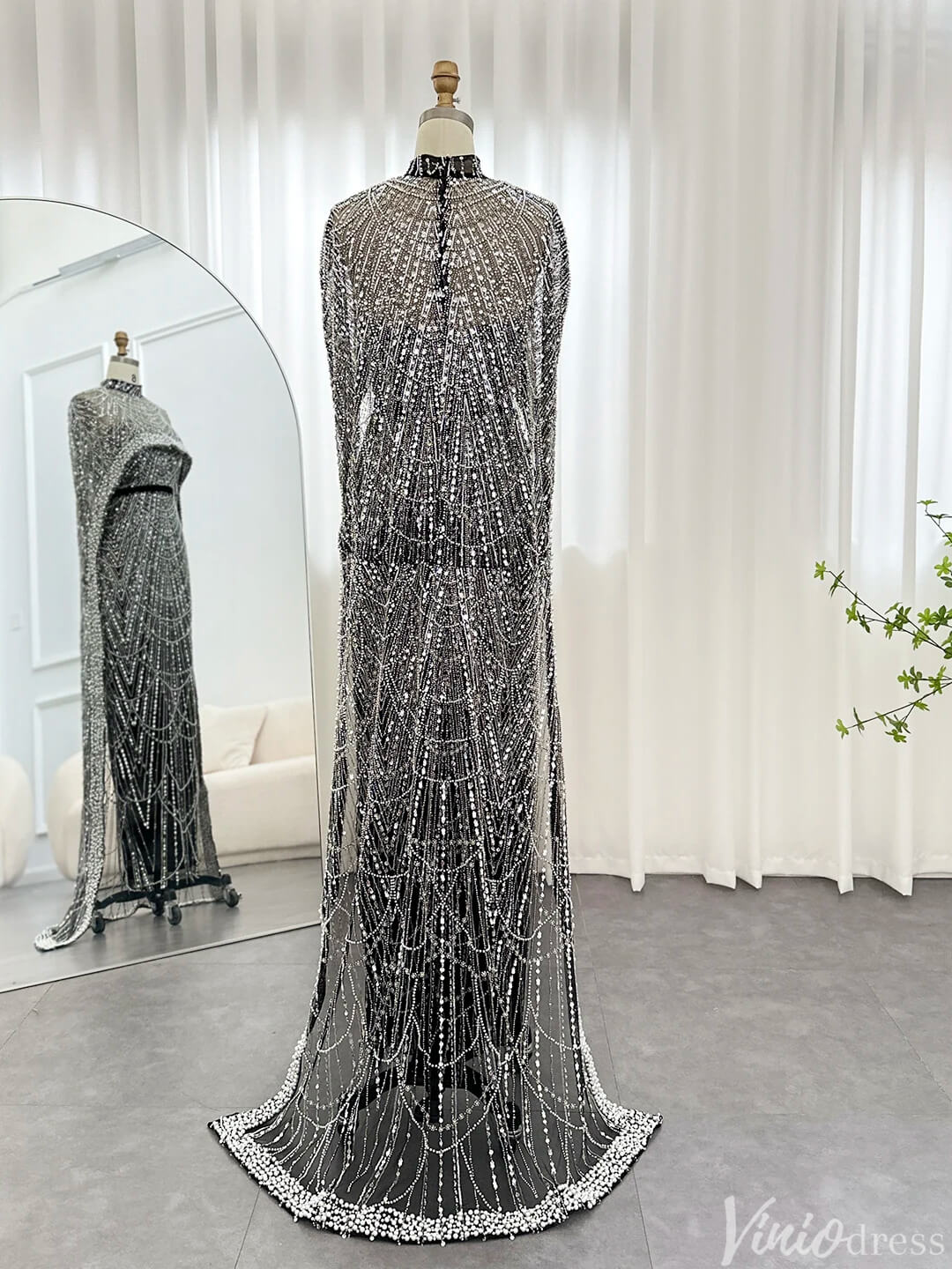 2 in 1 Beaded 20s Evening Gowns Gatsby Wedding Guest Dresses with Cape 20201-Evening Dresses 2025 -Viniodress-Sage-US 2-