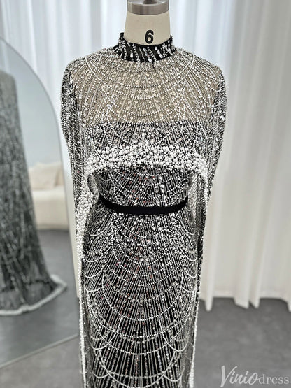 2 in 1 Beaded 20s Evening Gowns Gatsby Wedding Guest Dresses with Cape 20201-Evening Dresses 2025 -Viniodress-Sage-US 2-