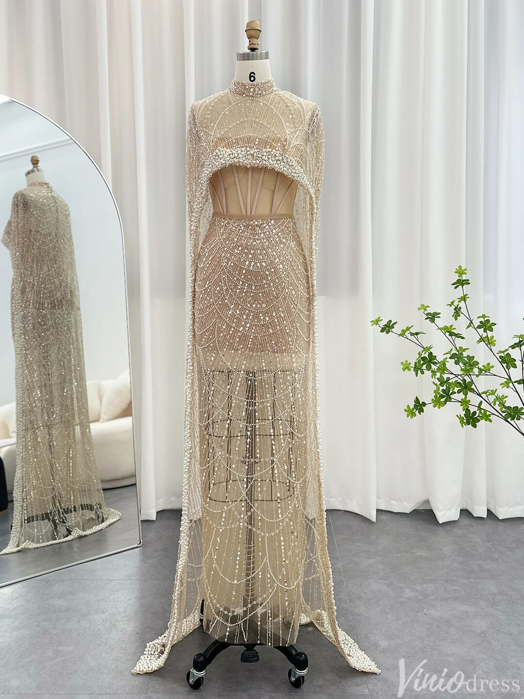 2 in 1 Beaded 20s Evening Gowns Gatsby Wedding Guest Dresses with Cape 20201-Evening Dresses 2025 -Viniodress-Sage-US 2-