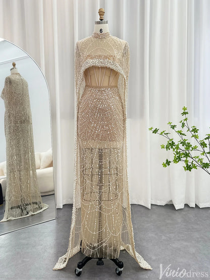 2 in 1 Beaded 20s Evening Gowns Gatsby Wedding Guest Dresses with Cape 20201-Evening Dresses 2025 -Viniodress-Sage-US 2-