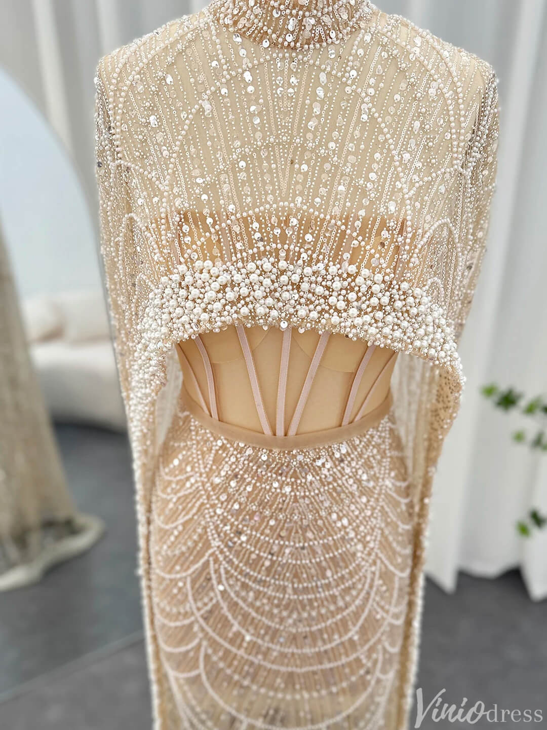2 in 1 Beaded 20s Evening Gowns Gatsby Wedding Guest Dresses with Cape 20201-Evening Dresses 2025 -Viniodress-Sage-US 2-