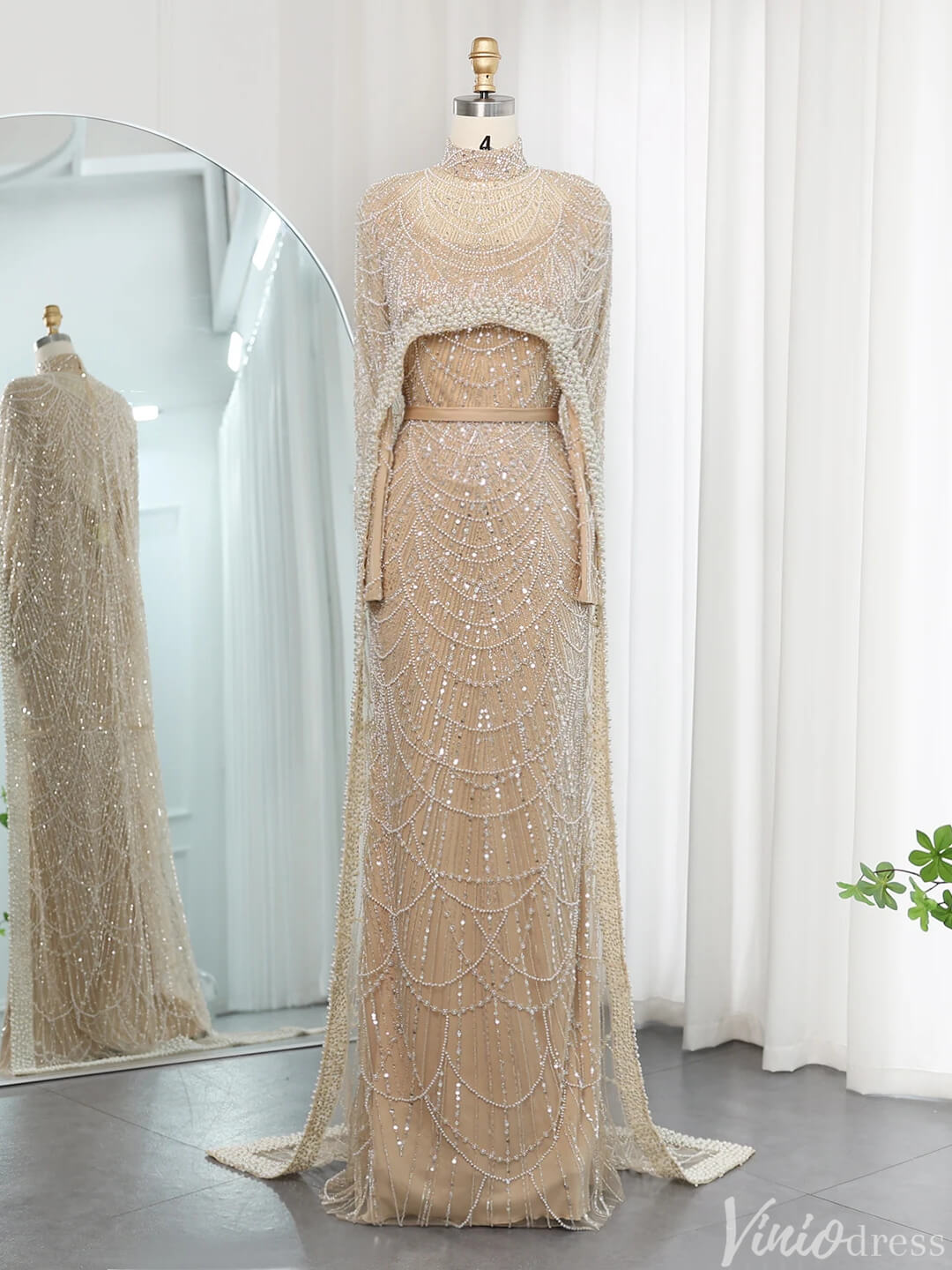 2 in 1 Beaded 20s Evening Gowns Gatsby Wedding Guest Dresses with Cape 20201-Evening Dresses 2025 -Viniodress-Sage-US 2-