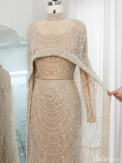 2 in 1 Beaded 20s Evening Gowns Gatsby Wedding Guest Dresses with Cape 20201-Evening Dresses 2025 -Viniodress-Sage-US 2-