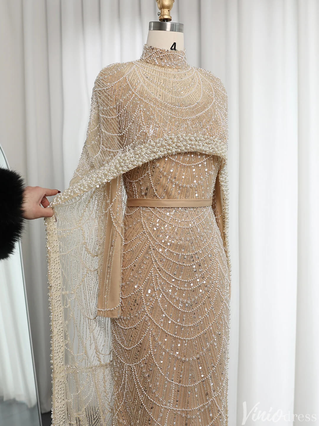 2 in 1 Beaded 20s Evening Gowns Gatsby Wedding Guest Dresses with Cape 20201-Evening Dresses 2025 -Viniodress-Sage-US 2-