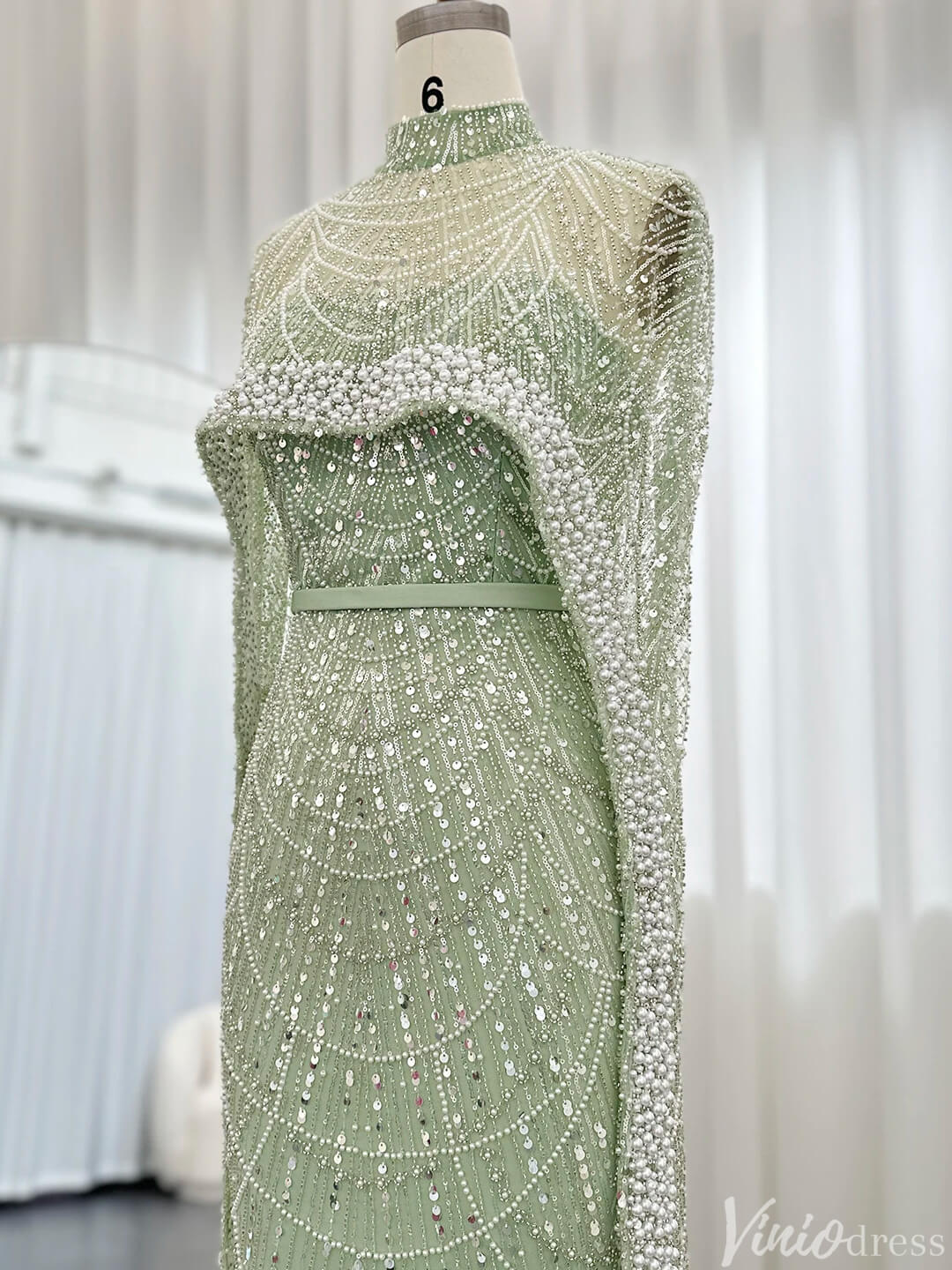 2 in 1 Beaded 20s Evening Gowns Gatsby Wedding Guest Dresses with Cape 20201-Evening Dresses 2025 -Viniodress-Sage-US 2-