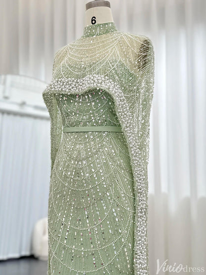 2 in 1 Beaded 20s Evening Gowns Gatsby Wedding Guest Dresses with Cape 20201-Evening Dresses 2025 -Viniodress-Sage-US 2-